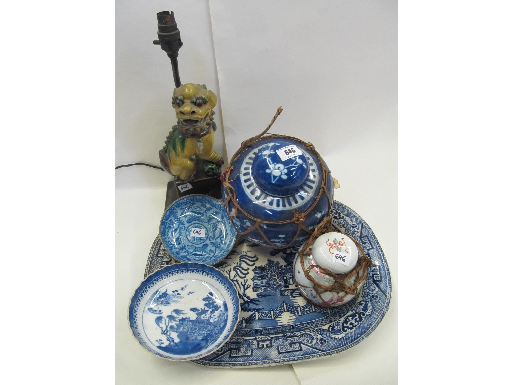 Appraisal: Chinese Fo dog lamp two ginger jars platter and three