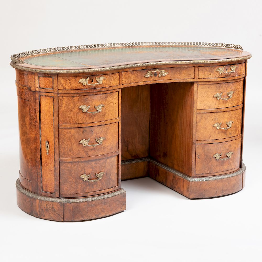 Appraisal: Victorian Gilt Bronze-Mounted Burl Walnut Kidney-Shaped Writing Desk Victorian Gilt