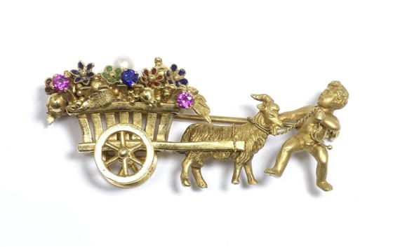 Appraisal: A GOLD GEMSTONE AND ENAMEL BROOCH circa Yellow gold g