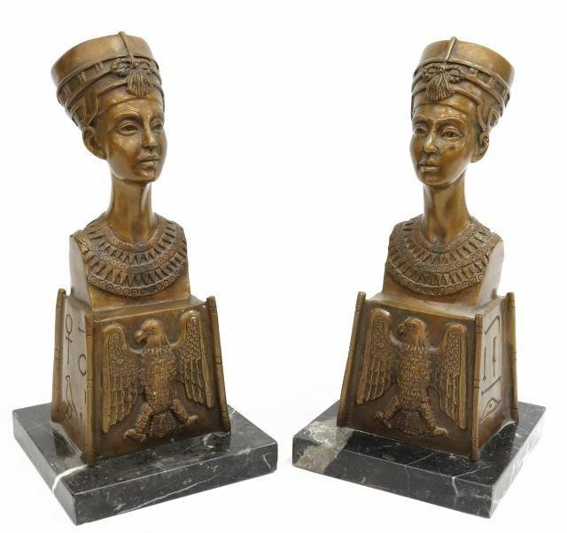 Appraisal: pair Patinated bronze Nefertiti bust on marble base approx h