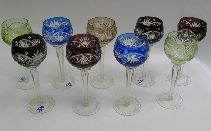 Appraisal: SET OF NINE LARGE CRYSTAL BOHEMIAN WINE GOBLETS Harlequins of