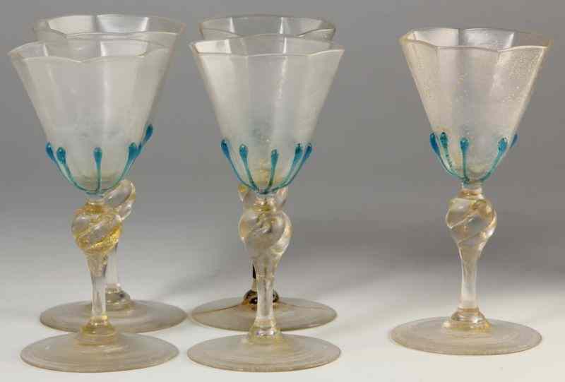 Appraisal: Five Venetian Glass Gobletsoctagonal form cup with applied turquoise drops