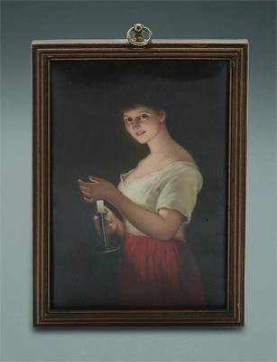 Appraisal: Hand painted porcelain plaque young woman illuminated by candlelight probably