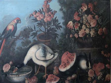 Appraisal: Italian School th Century Parrot Duck Melons and Flowers in