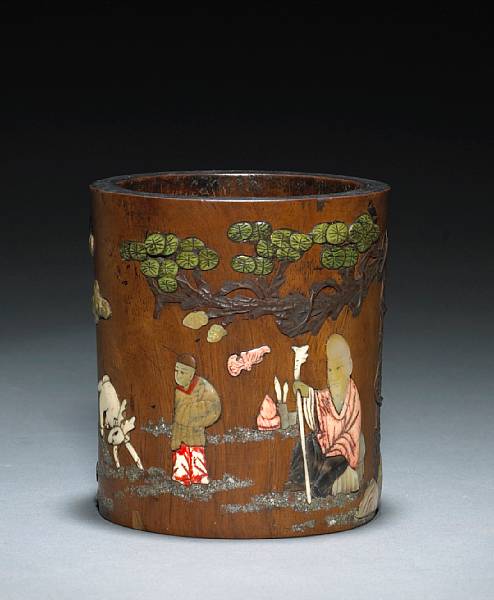 Appraisal: A hardwood brush pot with mother-of-pearl bone and stone overlay