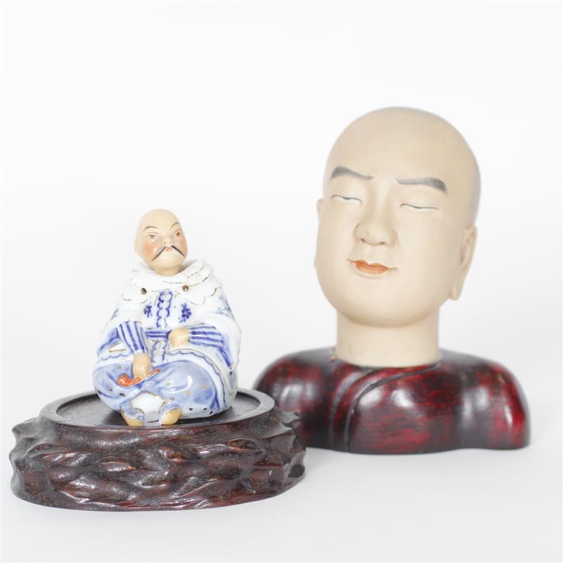 Appraisal: Two Chinese Porcelain Figures Figural bust with wood base Man