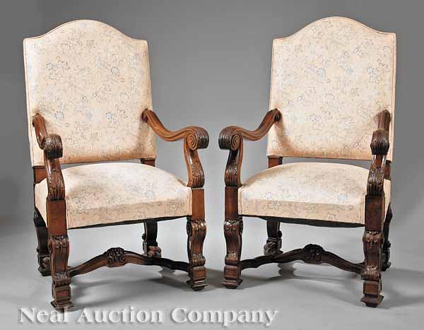 Appraisal: A Pair of Antique Louis XIV-Style Carved Walnut Armchairs each