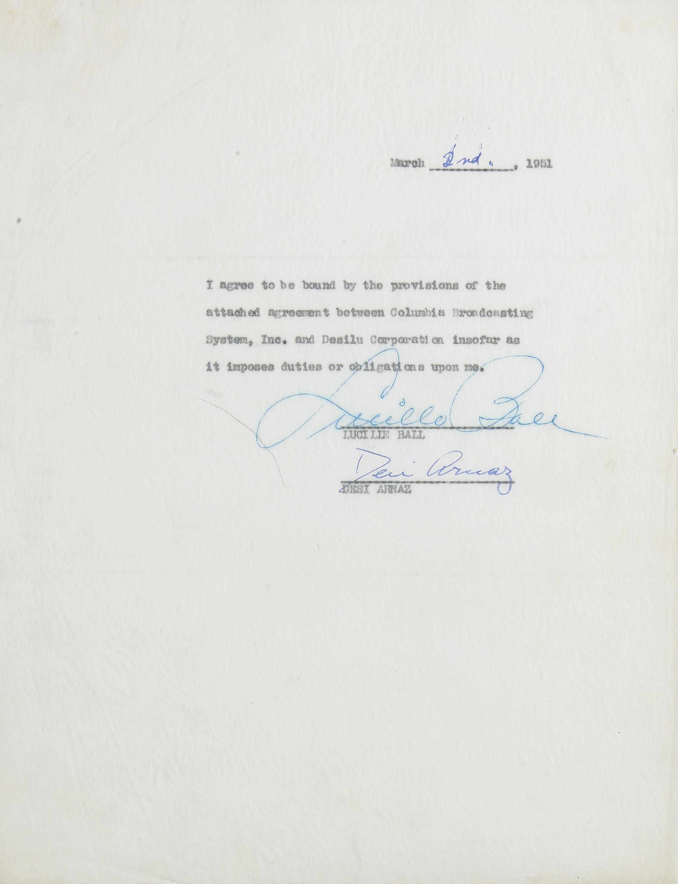 Appraisal: BALL LUCILLE and DESI ARNAZ ''I LOVE LUCY'' CONTRACT Typed