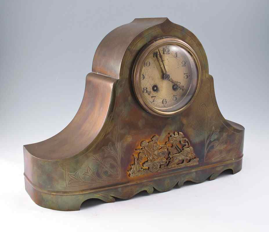 Appraisal: FRENCH BRASS HUMPBACK MANTLE CLOCK Thin brass humpback case with