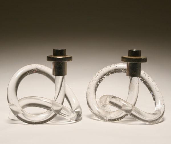 Appraisal: Two Dorothy Thorpe lucite candlesticks knotted form with single brushed