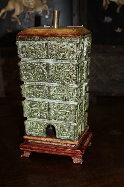 Appraisal: A CHINESE BRONZE ARCHAIC STYLE TABLE LAMP BASE cm high