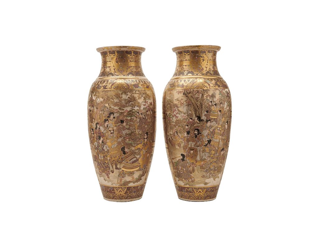 Appraisal: Pair of Satsuma Figural Decorated Vases ca Pair of Satsuma