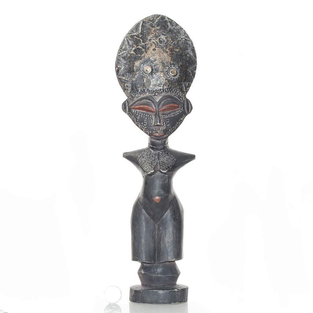 Appraisal: AKAN AKUA'BA FERTILITY STATUE Carved wood with metal overlay to