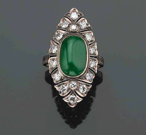 Appraisal: A jadeite jade and diamond ring estimated total diamond weight