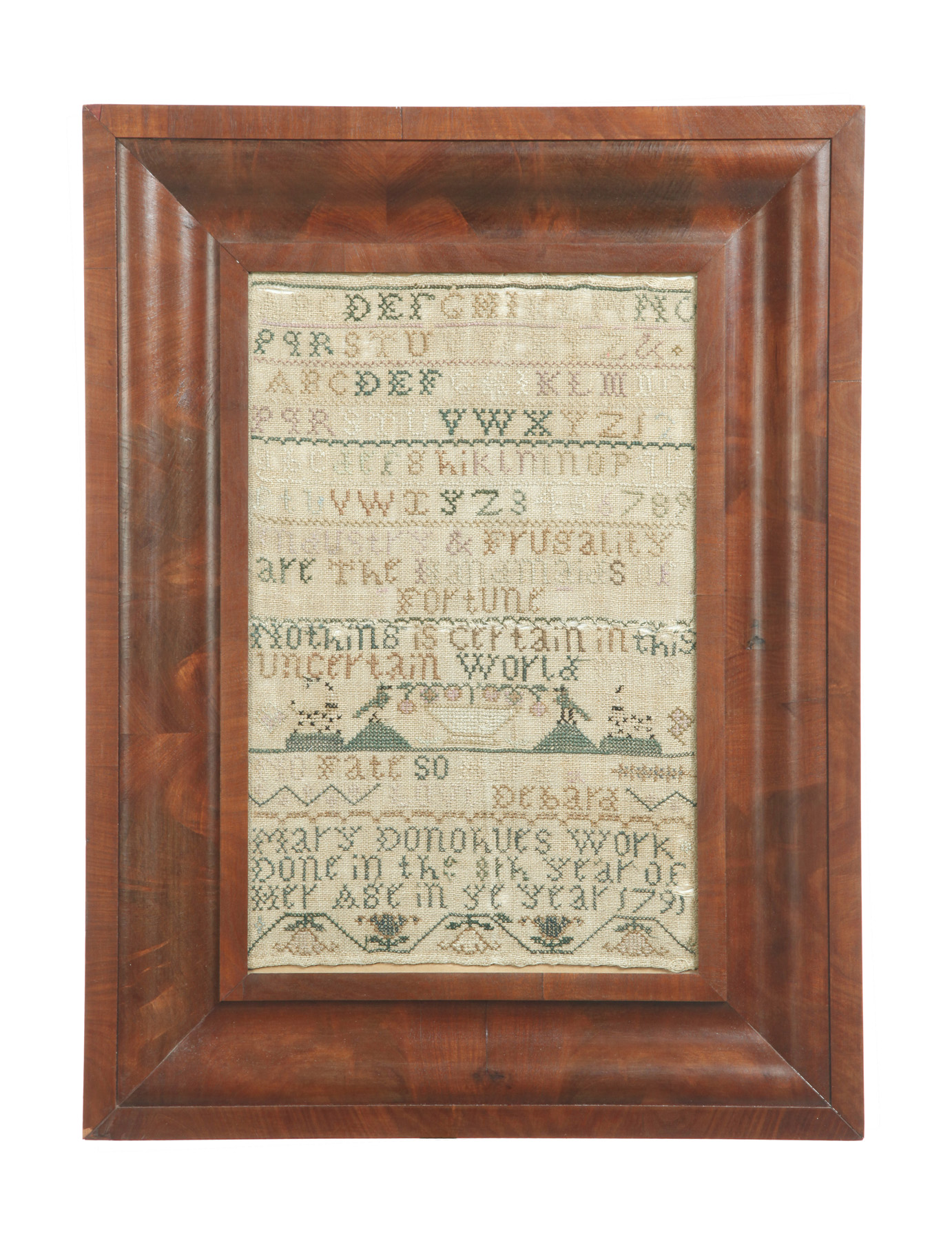 Appraisal: SAMPLER American dated silk on linen Alphabets verse and Mary