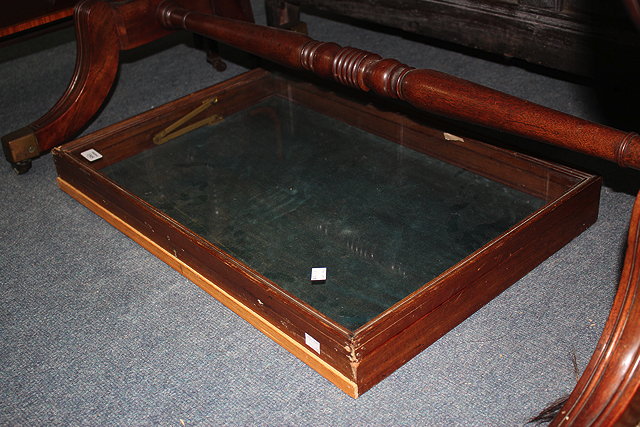 Appraisal: A MAHOGANY TABLE TOP GLAZED DISPLAY CABINET cm x cm