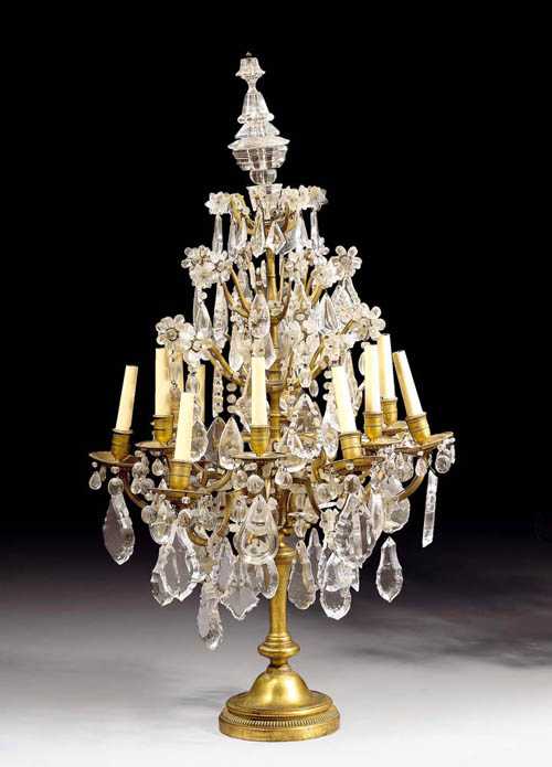 Appraisal: PAIR OF LARGE CANDELABAS WITH ROCK CRYSTAL ARRANGEMENT late R