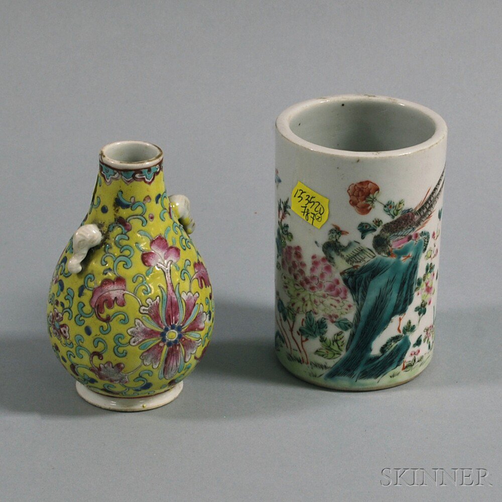 Appraisal: Two Ceramic Items China a small famille rose cylindrical brush