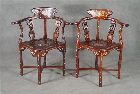 Appraisal: Mother-of-Pearl Inlaid Teakwood Corner Chairs Circa Assembled pair with encircled