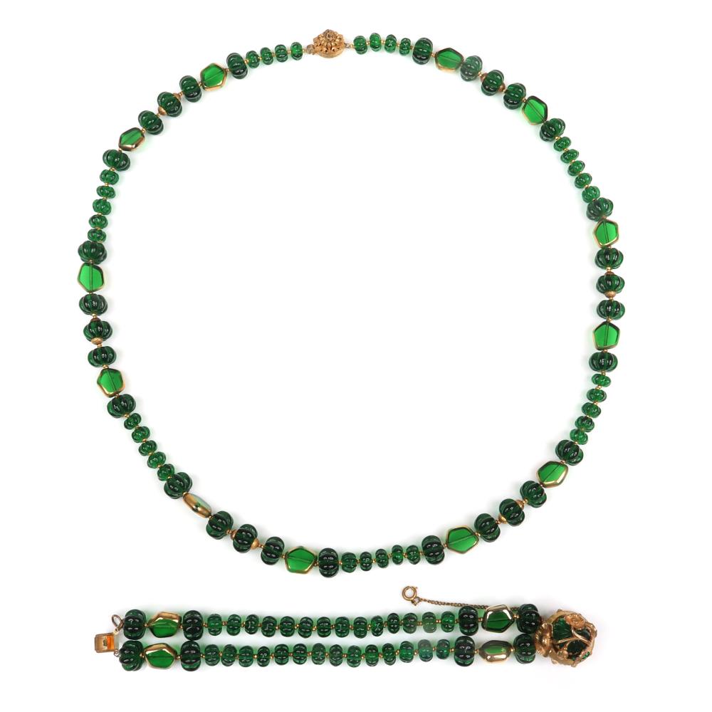 Appraisal: MIRIAM HASKELL EMERALD GREEN MELON GLASS WITH GEOMETRIC GLASS BEAD