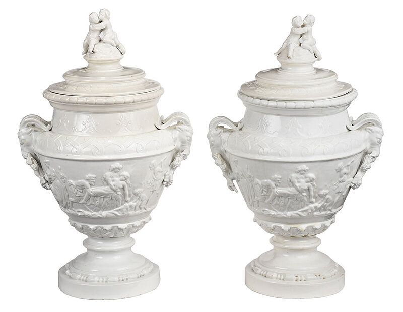 Appraisal: Large Pair of White Figural Garden Urns French th century