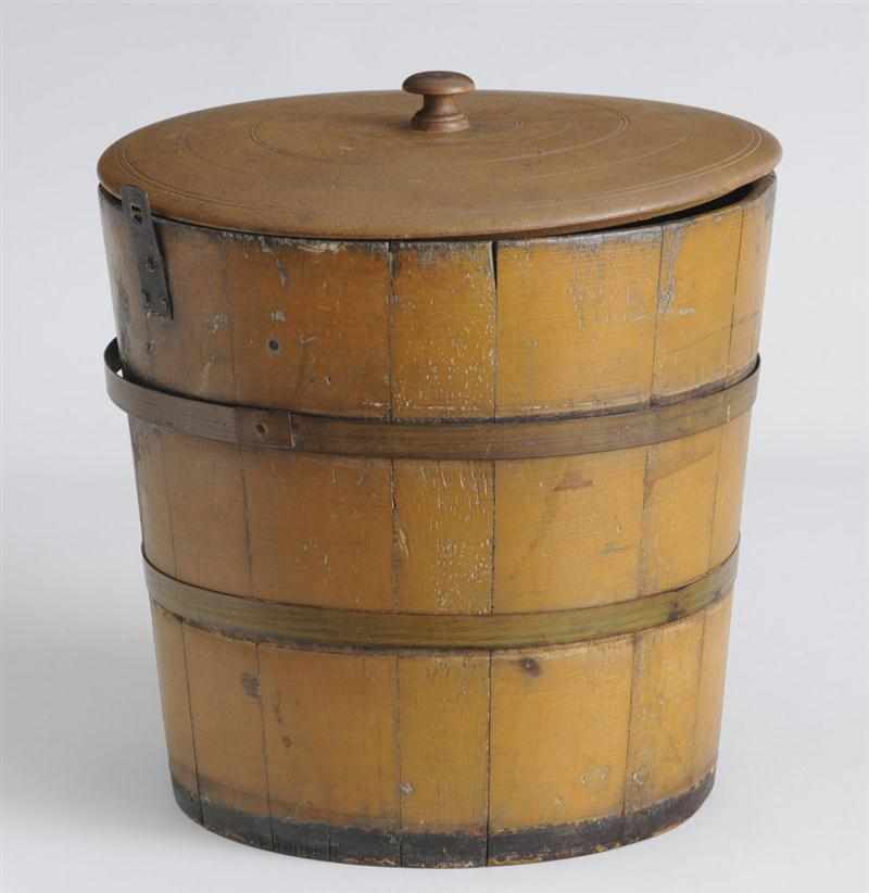 Appraisal: SHAKER SAP BUCKET CANTERBURY NEW HAMPSHIRE Yellow painted inside lid