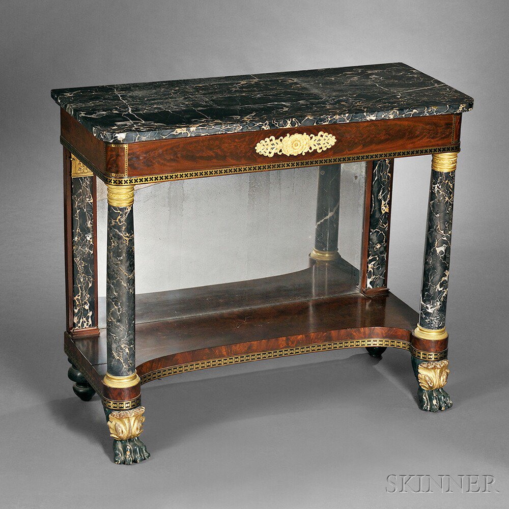 Appraisal: Classical Mahogany Mahogany Veneer and Egyptian Marble Pier Table New