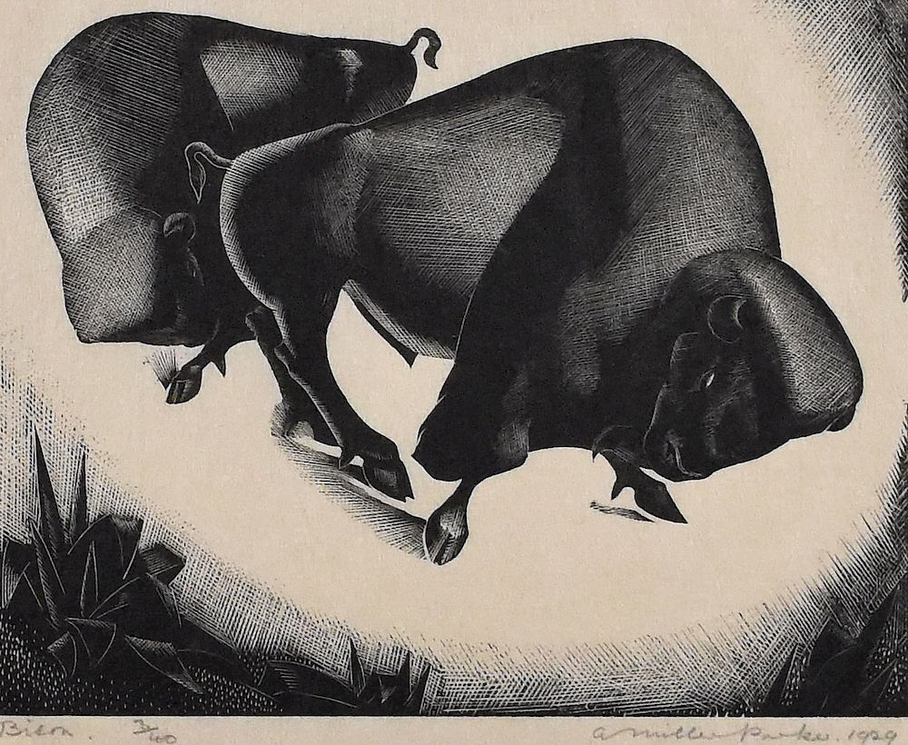 Appraisal: Agnes Miller Parker Bison Wood Engraving Agnes Miller Parker -