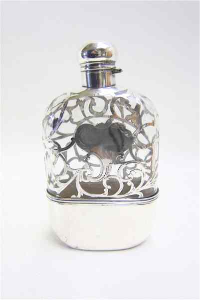 Appraisal: AMERICAN STERLING OVERLAY LIQUOR FLASK maker Alvin having clear glass