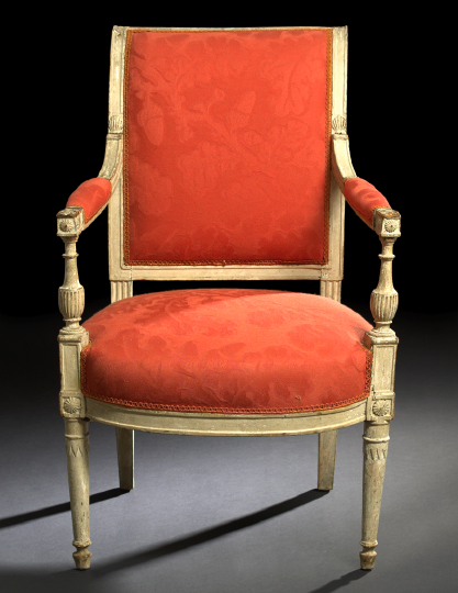 Appraisal: Directoire Polychromed Fauteuil late th century the back-scrolled crest above