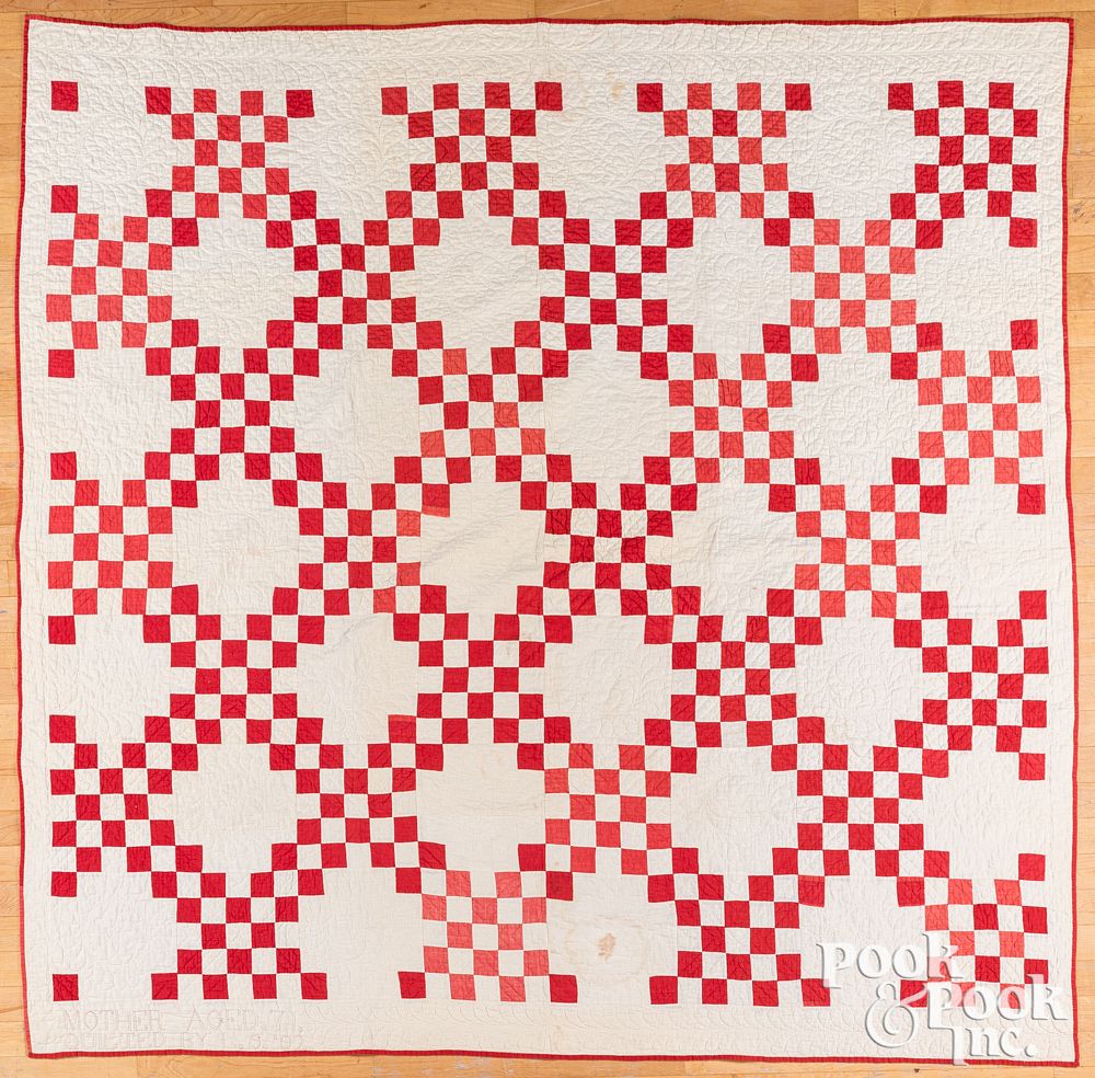 Appraisal: Red and white Irish chain quilt Red and white Irish