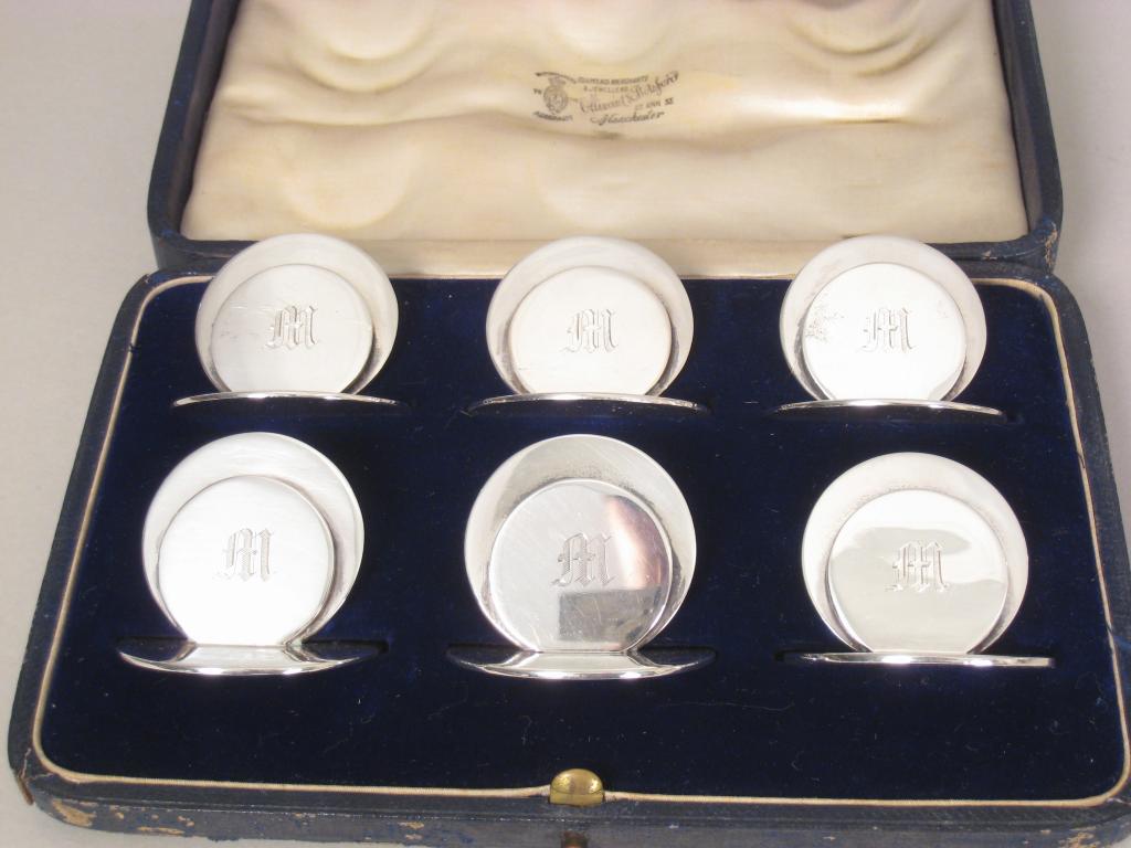 Appraisal: Six Edward VII circular Menu Holders engraved initial M Chester