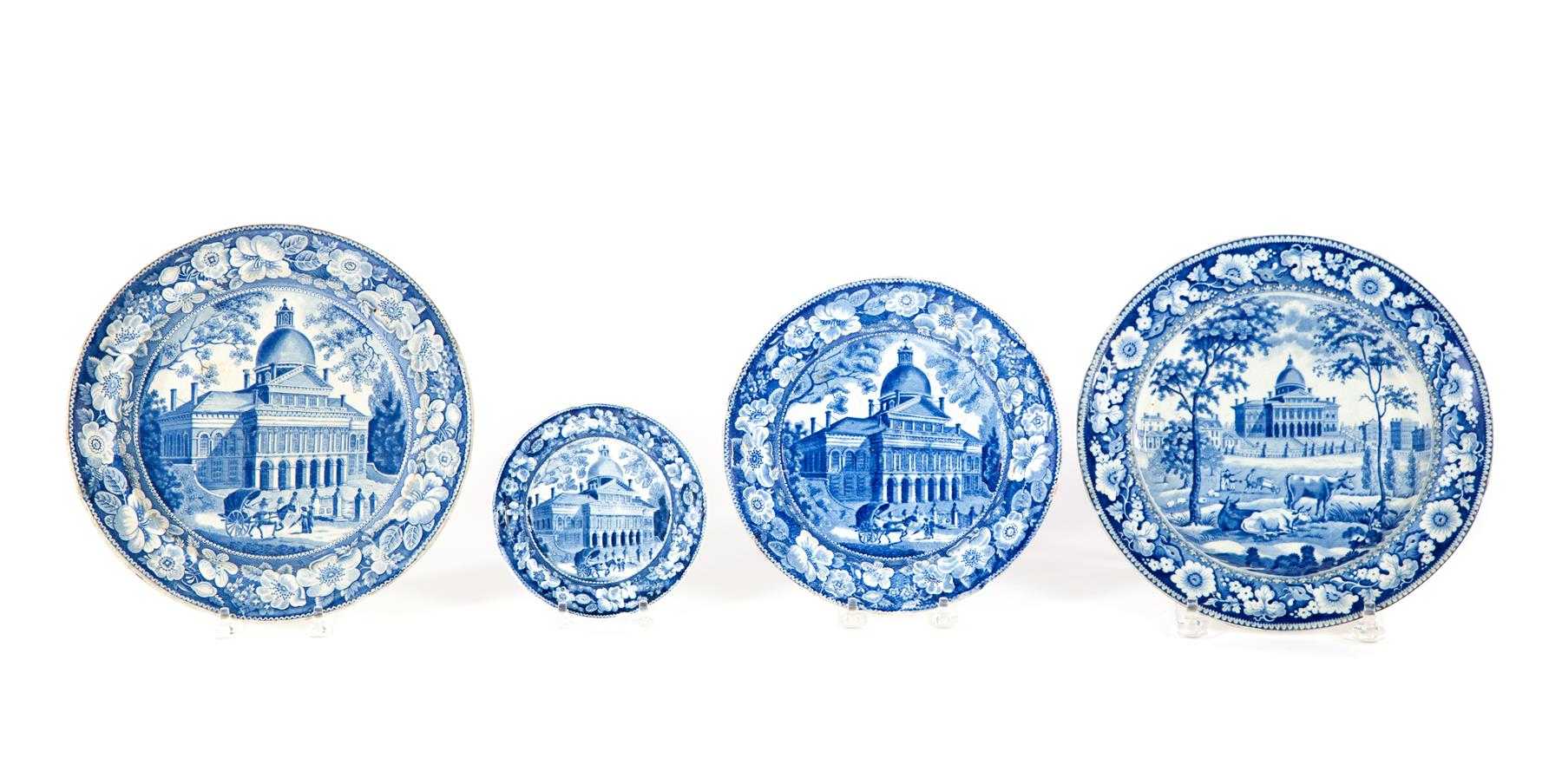 Appraisal: FOUR MEDIUM BLUE BOSTON STATE HOUSE PLATES England nd quarter-