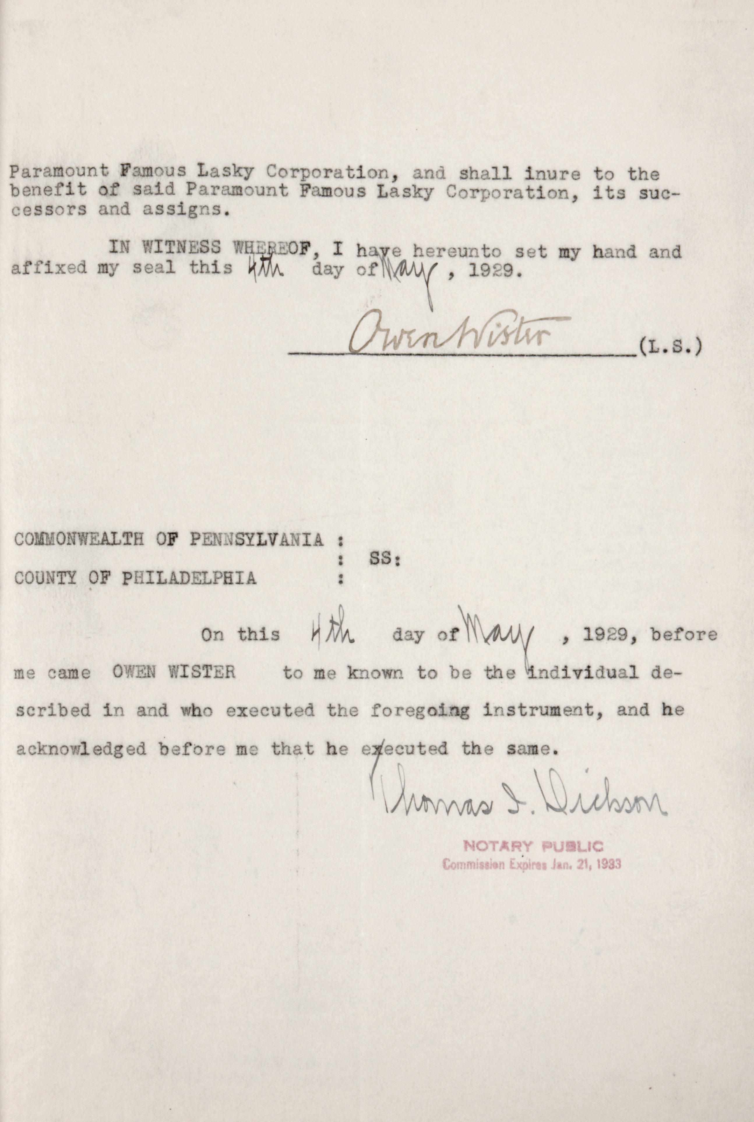 Appraisal: WISTER OWEN - Document Signed ''Owen Wister'' pp to Philadelphia