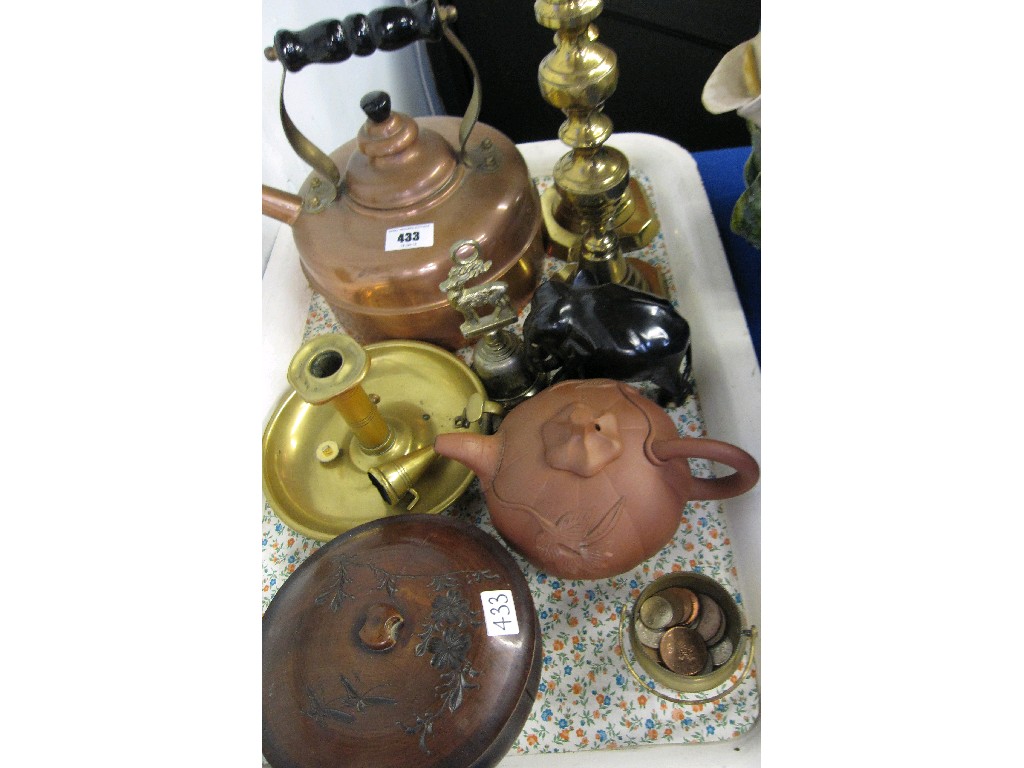 Appraisal: Tray lot comprising copper kettle pair of brass candlesticks pottery