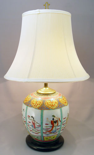 Appraisal: POLYCHROME CHINESE LAMP Melon shaped with raised figures '' overall