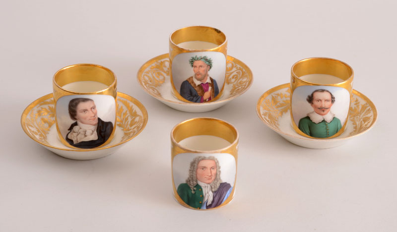 Appraisal: FOUR CONTINENTAL PORCELAIN PORTRAIT CUPS AND THREE ASSOCIATED SAUCERS Probably