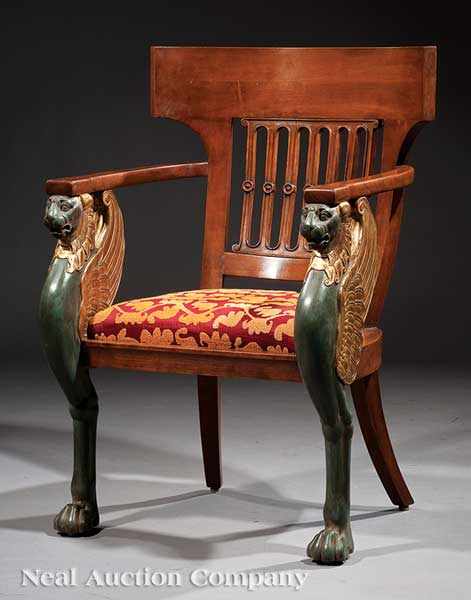 Appraisal: A Directoire-Style Painted and Parcel Gilt Armchair carved crest rail