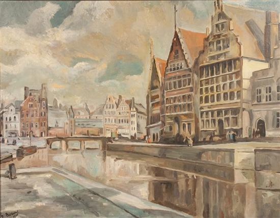 Appraisal: R Bardiaux th century Houses on Canal oil on canvas