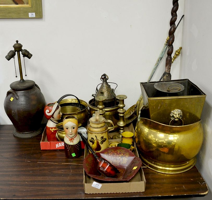 Appraisal: Group lot to include brass buckets warmer tin fire tools