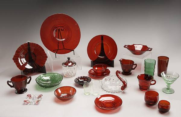 Appraisal: An assembled American pressed molded red glass tableware suite second