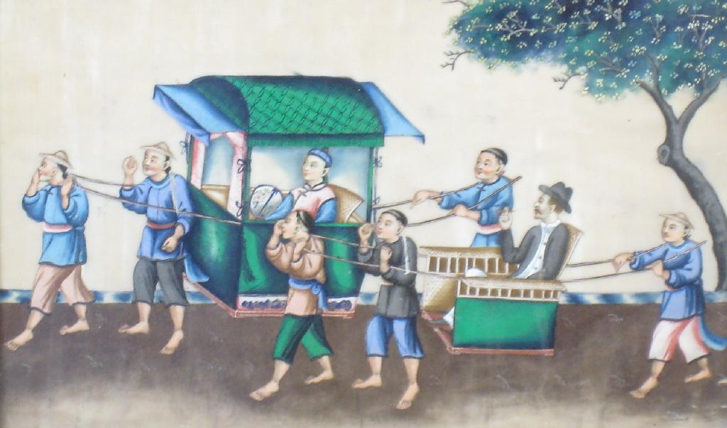 Appraisal: CANTONESE SCHOOL TH CENTURY Travellers being carried in sedan Chairs