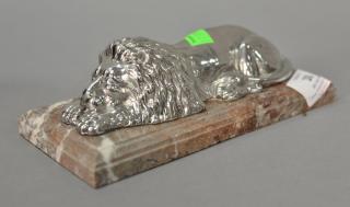 Appraisal: Silver crouching lion on marble base ht in lg in