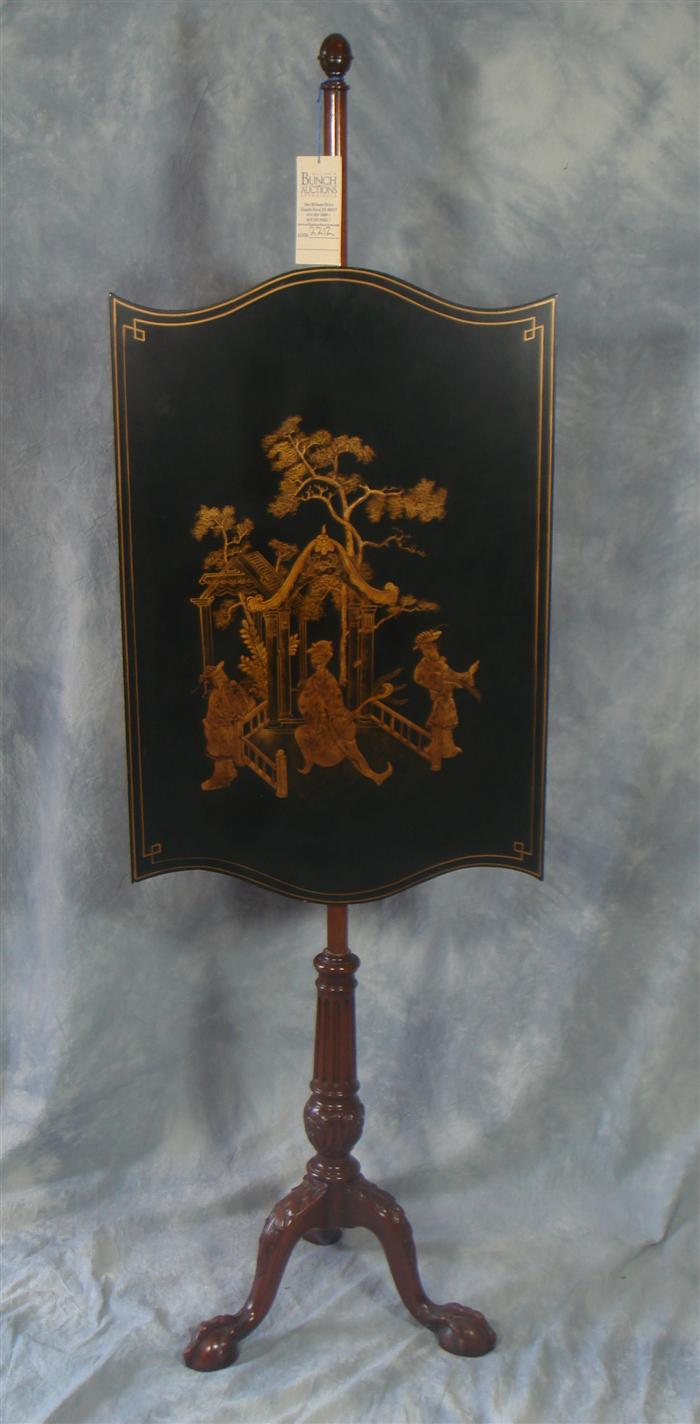 Appraisal: Mahogany Chippendale style fire screen chinoiserie decorated panel h Estimate