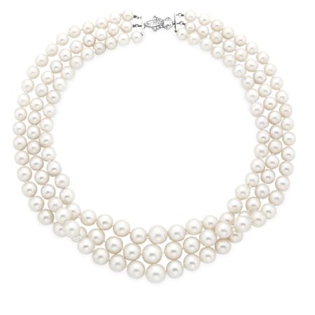 Appraisal: Triple Strand Cultured Pearl Necklace with Diamond Clasp Estimate -