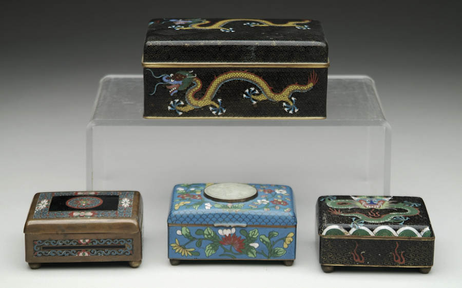 Appraisal: FOUR RECTANGULAR COVERED CLOISONN BOXES - h x - x