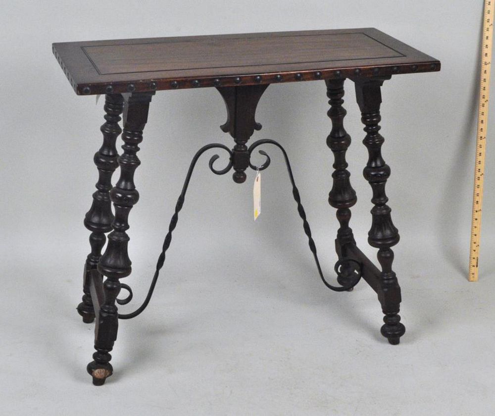 Appraisal: Spanish Baroque Style Wood Iron Side Table paneled mahogany top