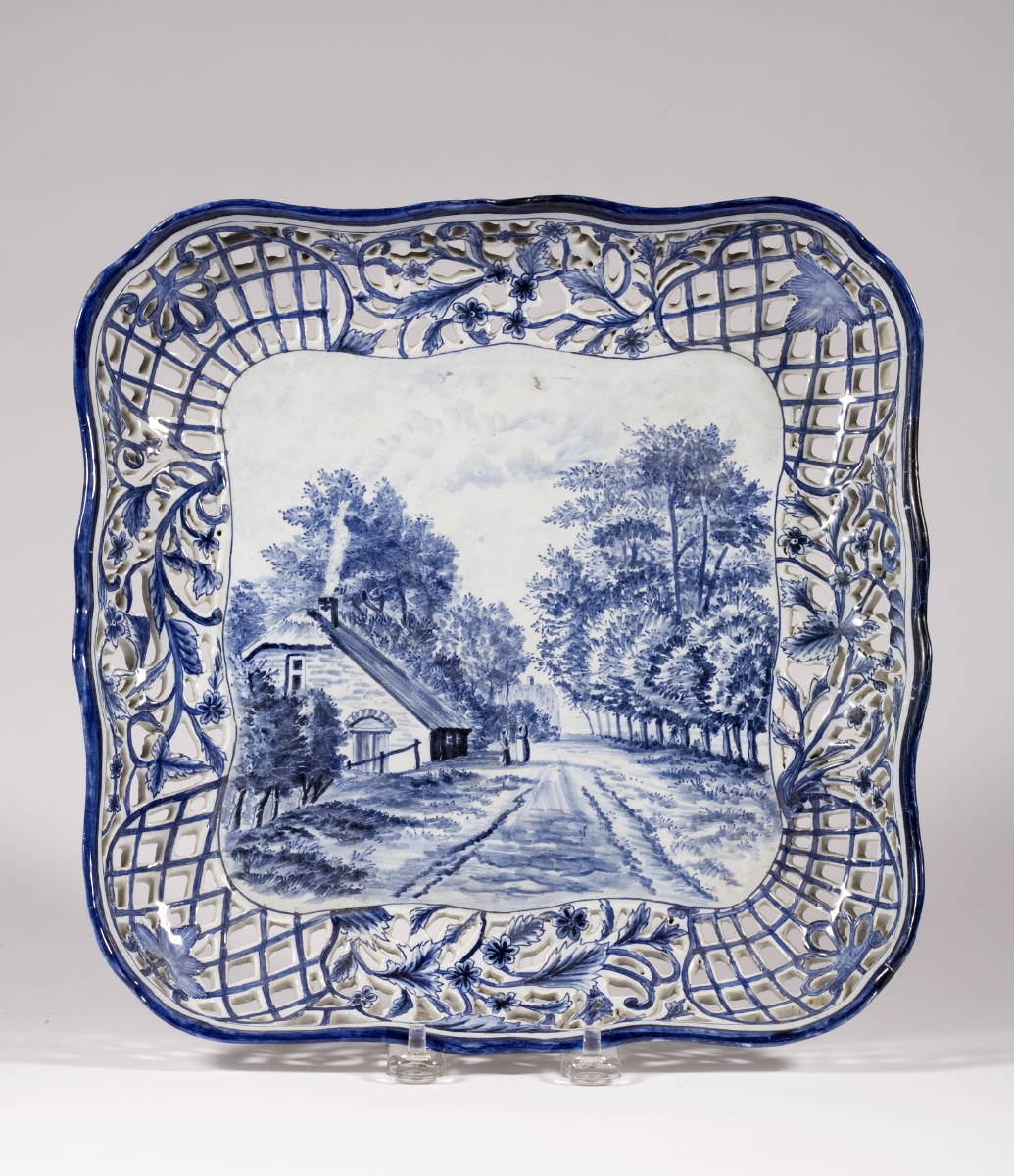 Appraisal: DUTCH DELFT SQUARE DISH WITH RETICULATED EDGE LANDSCAPE SCENE AND