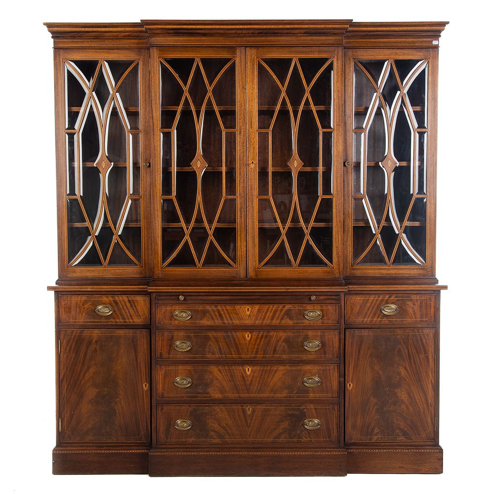 Appraisal: Potthast Brothers Mahogany Inlaid Breakfront First half- th century shaped