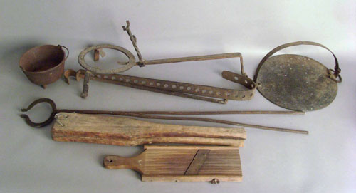 Appraisal: Group of iron and wood kitchen implements th c